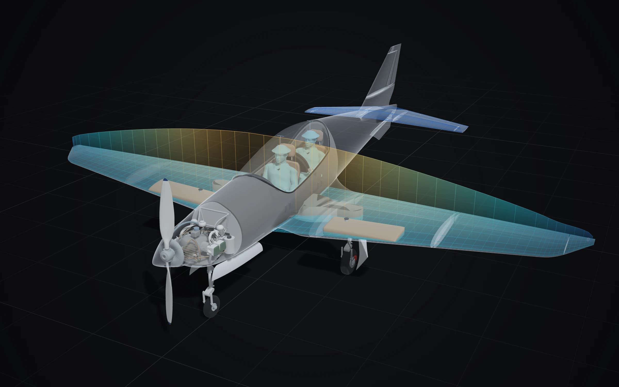 Digital twin of a two-seat aircraft seen through its skin: the engine, two seated pilots and the landing gear, with the solver's section lift standing above the wing and tail.