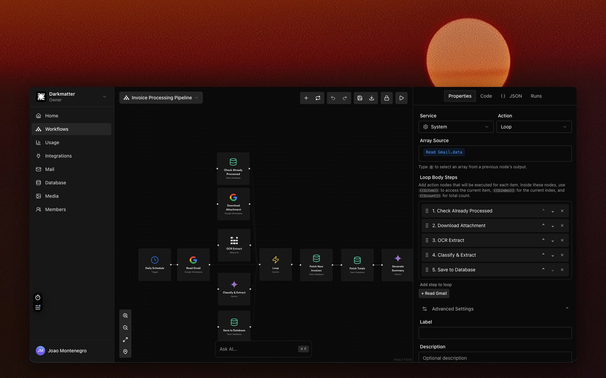 The Darkmatter Agents workspace with a red sun setting behind it, in the sunset frame the product used to have on the homepage.