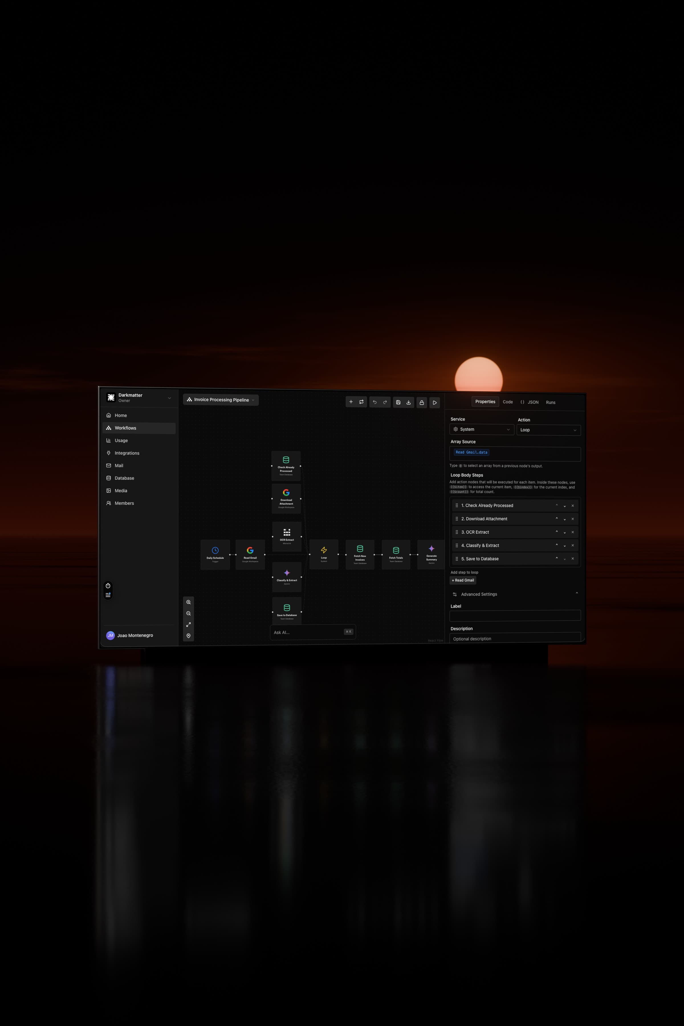 The Darkmatter Agents workspace, showing an invoice-processing workflow, on a thin display standing in shallow water at dusk, with a low red sun on the horizon.