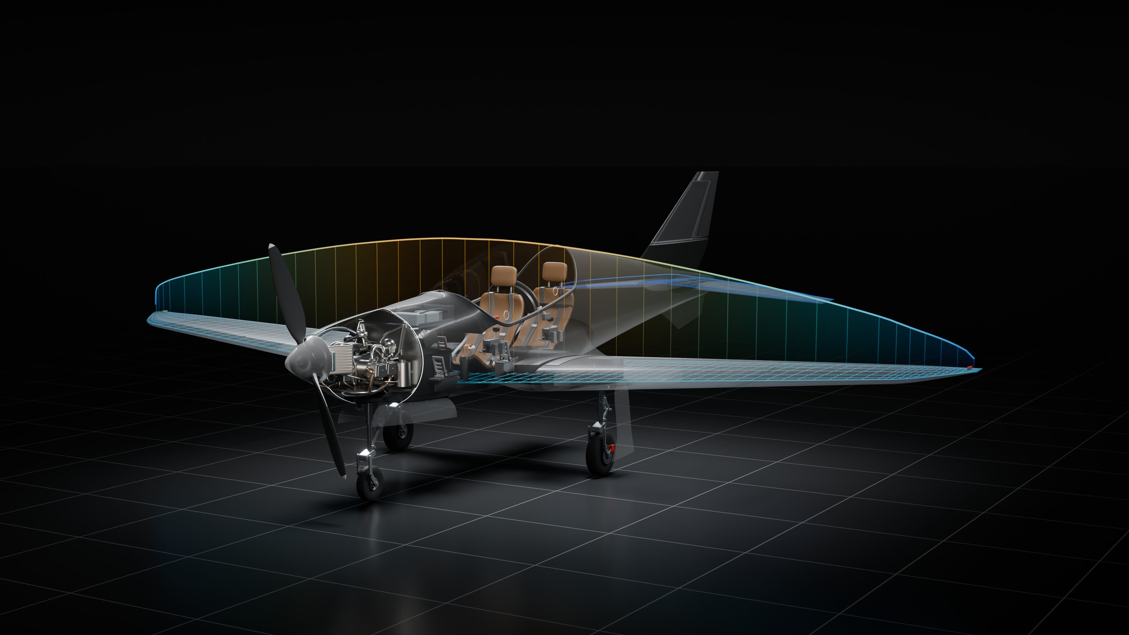 The Blackshape Prime two-seat aircraft as a see-through digital twin on a dark grid floor: the engine cover cut away to show the engine, two tan leather seats, the landing gear down, and a band above the wing, blue at the tips and amber at the centre, showing the computed lift along the span.