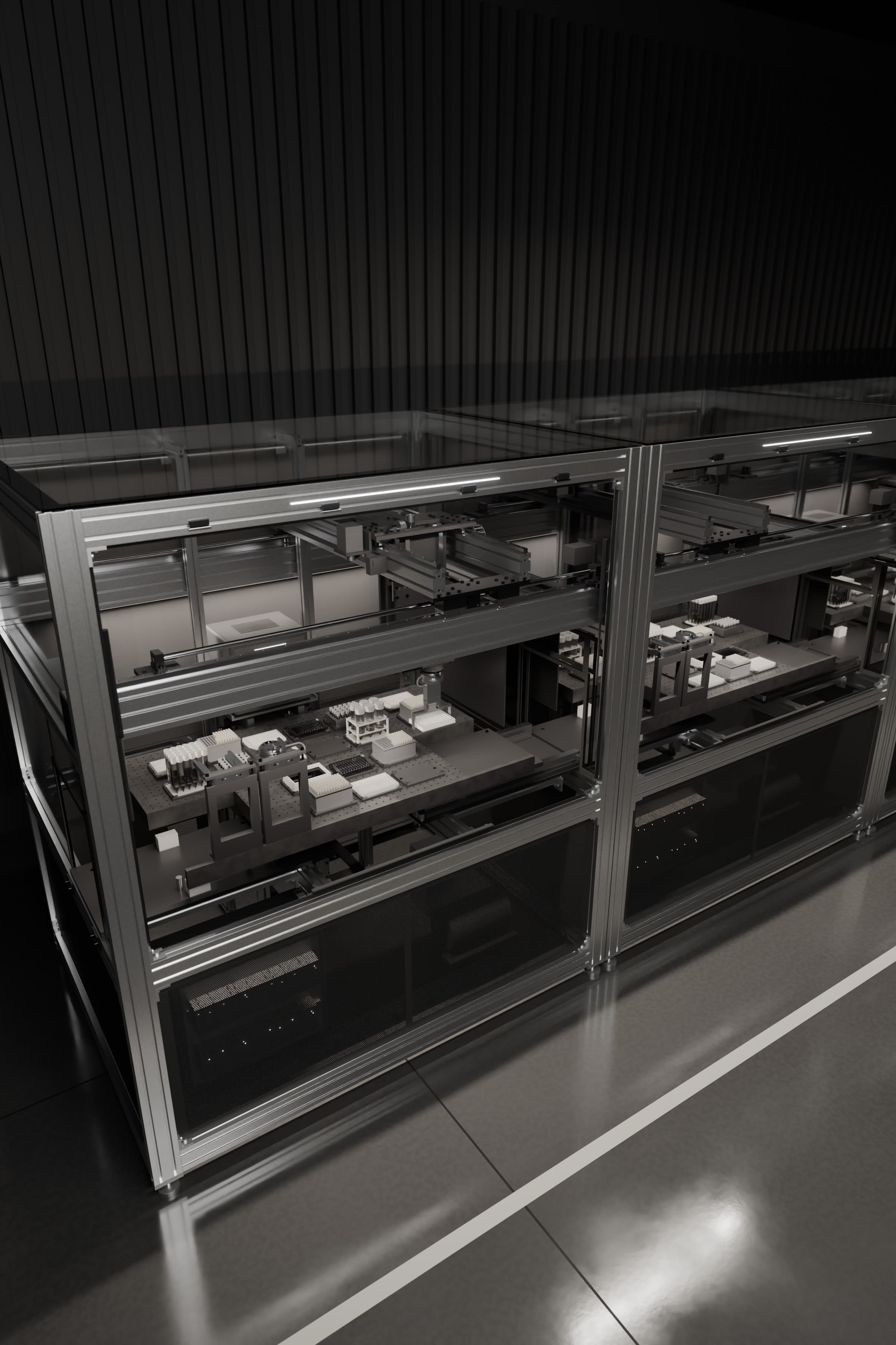 A row of glass-enclosed automated lab machines in a dark laboratory at night, each lit from inside, with a robotic gantry moving a sample plate above trays of plates, pipette tips and tubes.