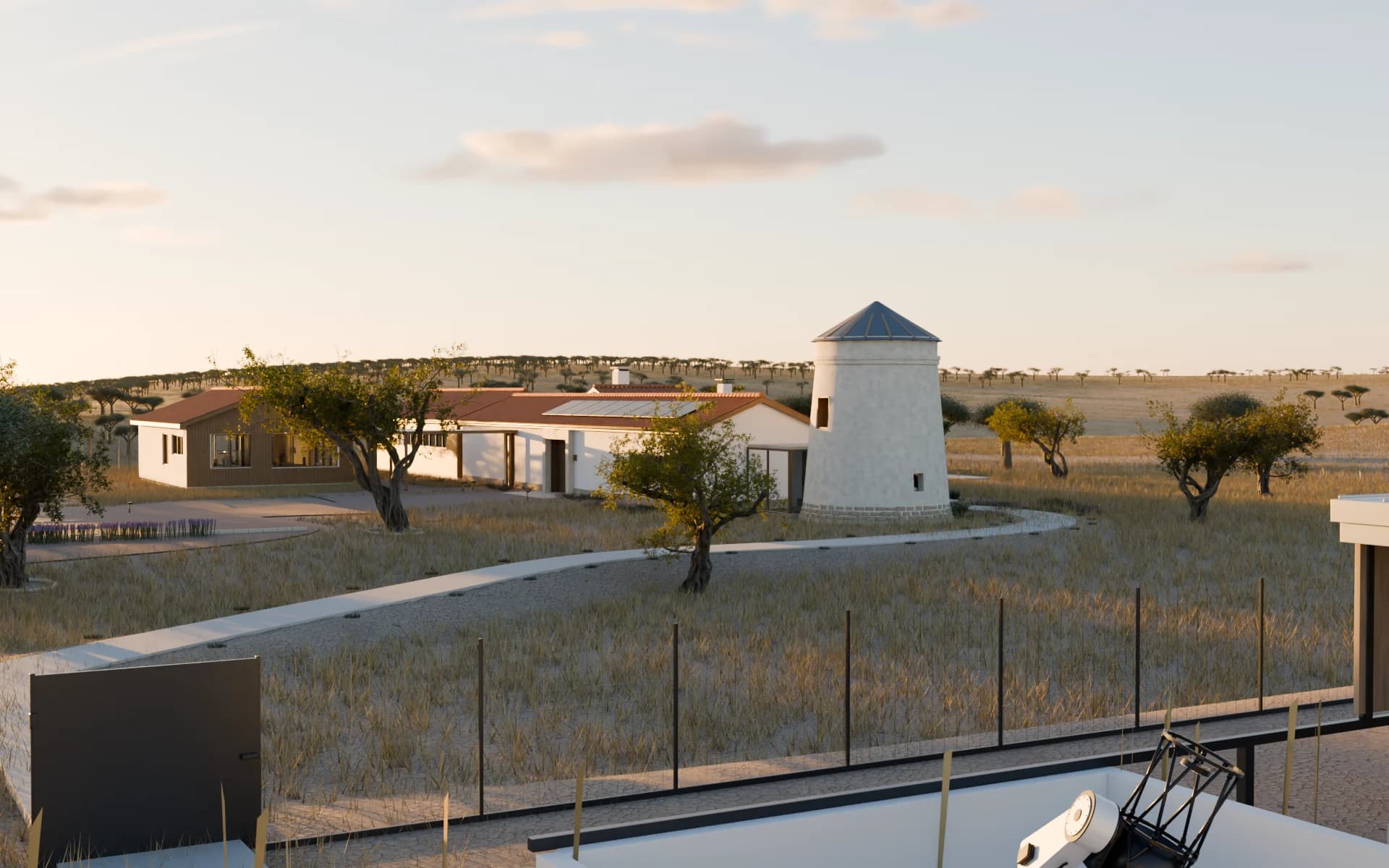 Casa do Poente at sunrise, seen from the proposed observatory, with the house and windmill lounge beyond.