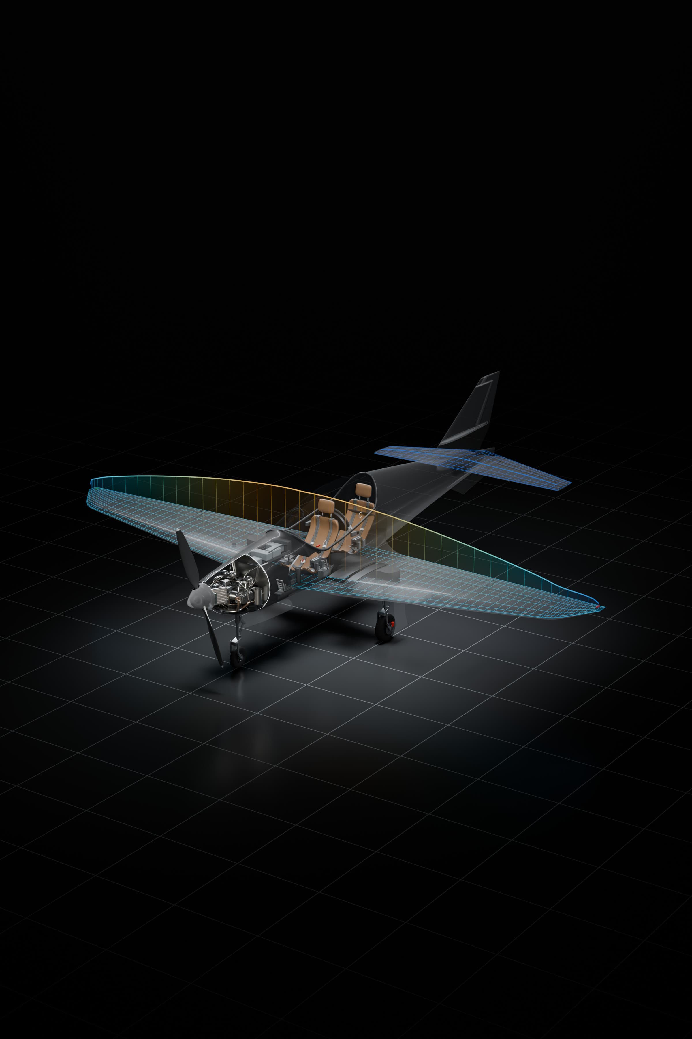 The Blackshape Prime two-seat aircraft as a see-through digital twin on a dark grid floor: the engine cover cut away to show the engine, two tan leather seats, the landing gear down, and a band above the wing, blue at the tips and amber at the centre, showing the computed lift along the span.