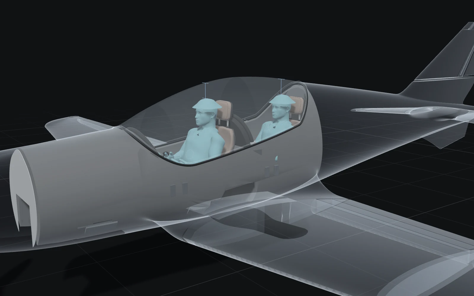 The aircraft seen through its skin with a seated pilot in each seat and a vertical dimension line from each head to the canopy.