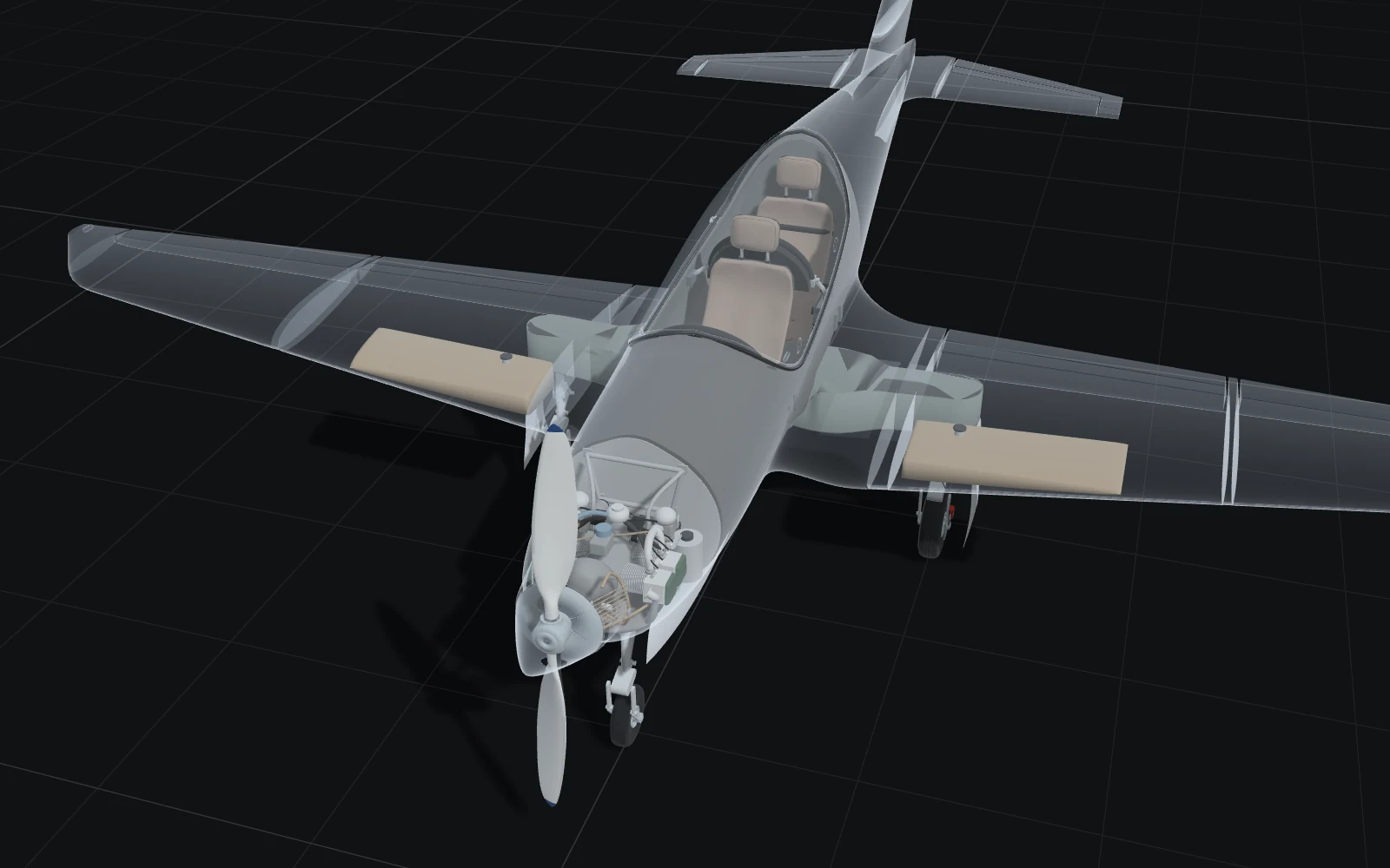 The aircraft seen through its skin: two tandem seats, the engine with its cylinders, the nose wheel and the fuel tanks at the wing roots.