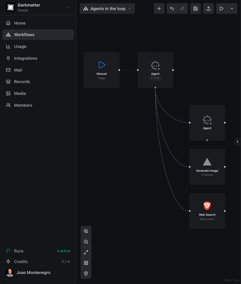 A workflow called Agents in the loop, open in the Darkmatter Agents canvas: a manual trigger into an Agent block carrying three tools, which fans out to a second Agent, an image generator and a Brave web search.