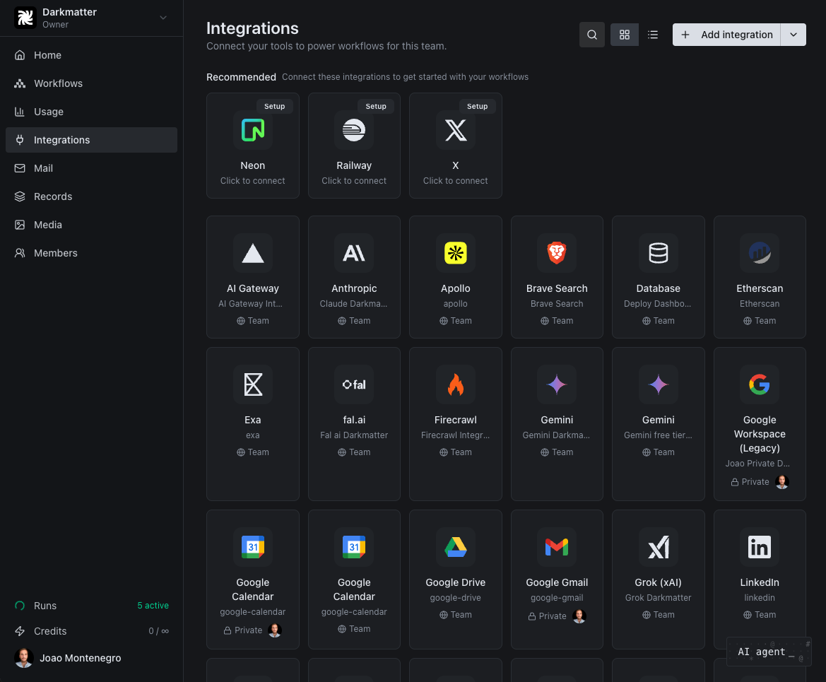 The integrations directory: a grid of connectors including AI Gateway, Anthropic, Apollo, Brave Search, Etherscan, Exa, fal.ai, Firecrawl, Gemini, Google Drive, Gmail, Grok and LinkedIn.