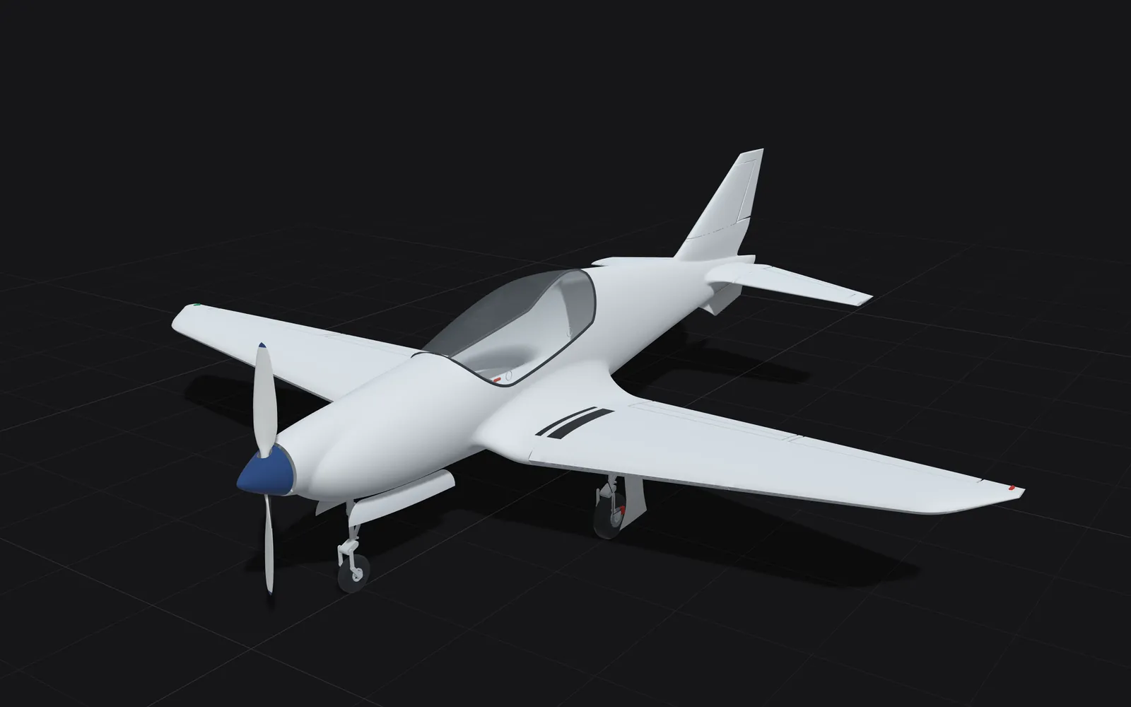 The aircraft in a three-quarter view from the front, shaded in paint with a soft shadow on a dark ground.