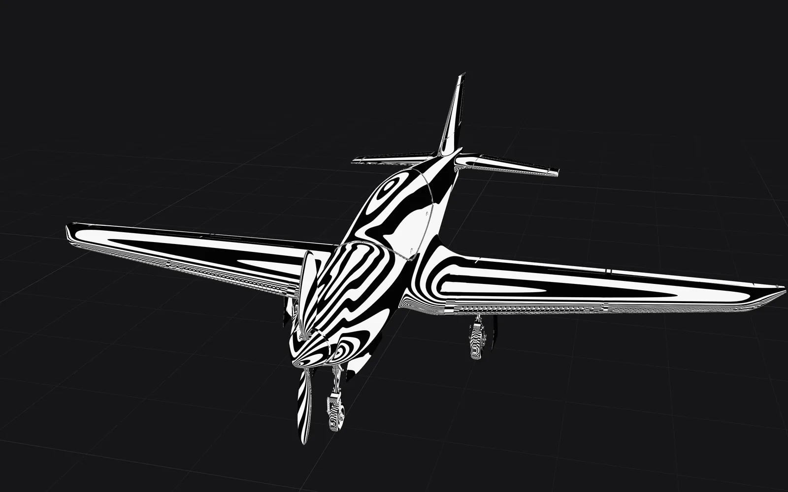 The aircraft covered in black and white zebra stripes, bending around the nose and the wing-root blends.