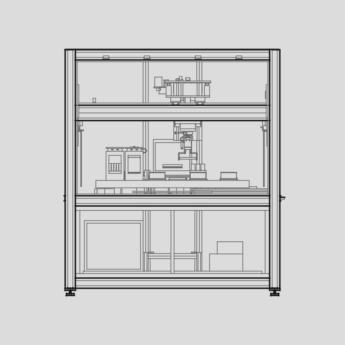 Front elevation line drawing of one automated lab cell, the gantry, deck and service bay visible through its glazing.
