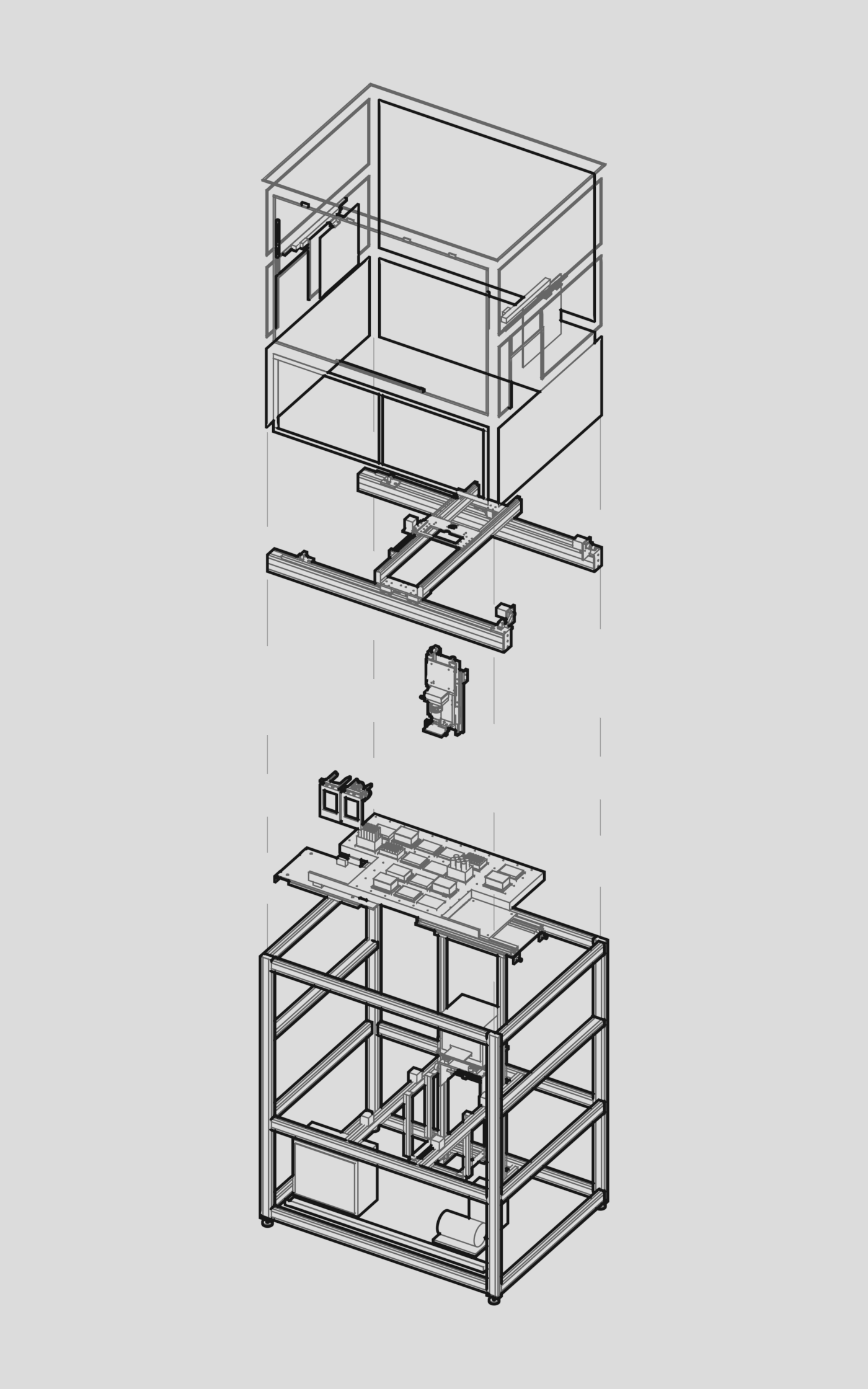 Exploded line drawing of one automated lab cell, its layers stacked vertically: the frame and service bay, the deck with labware, the docked tools, the tool changer holding a plate, the gantry, and the enclosure.