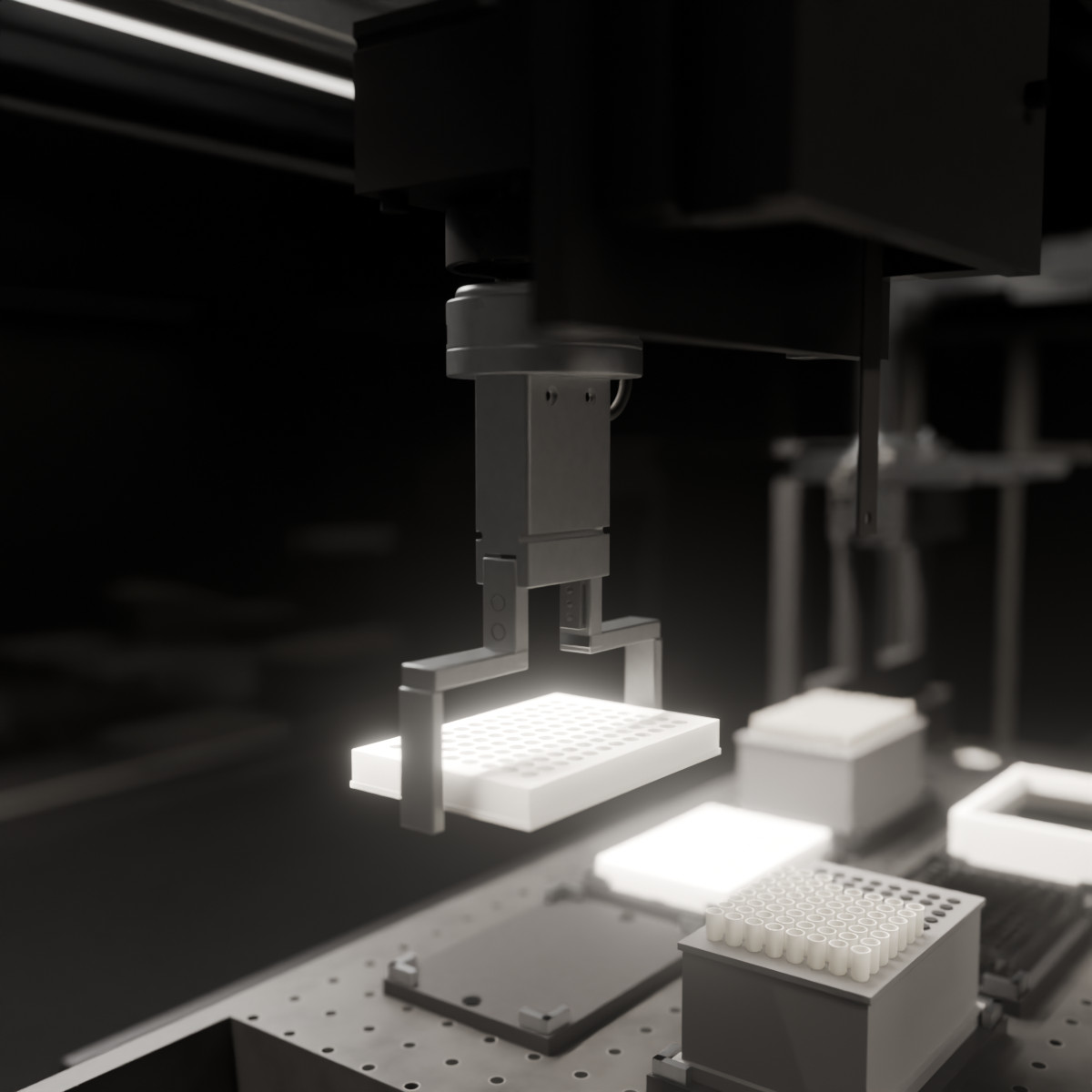 Close-up of a tool changer and gripper holding a 96-well plate above a lab deck, with tip racks in front.