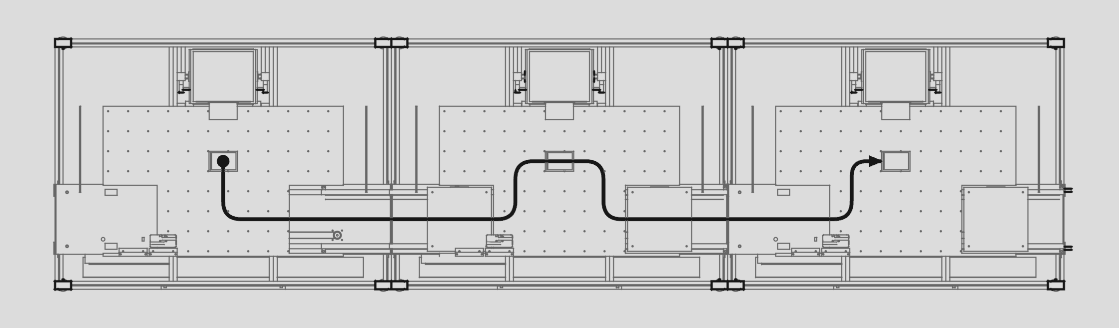 Plan drawing of three automated lab cells standing side by side, with one heavy line tracing a plate from the first cell's deck through the docks between them into the second and third cells.