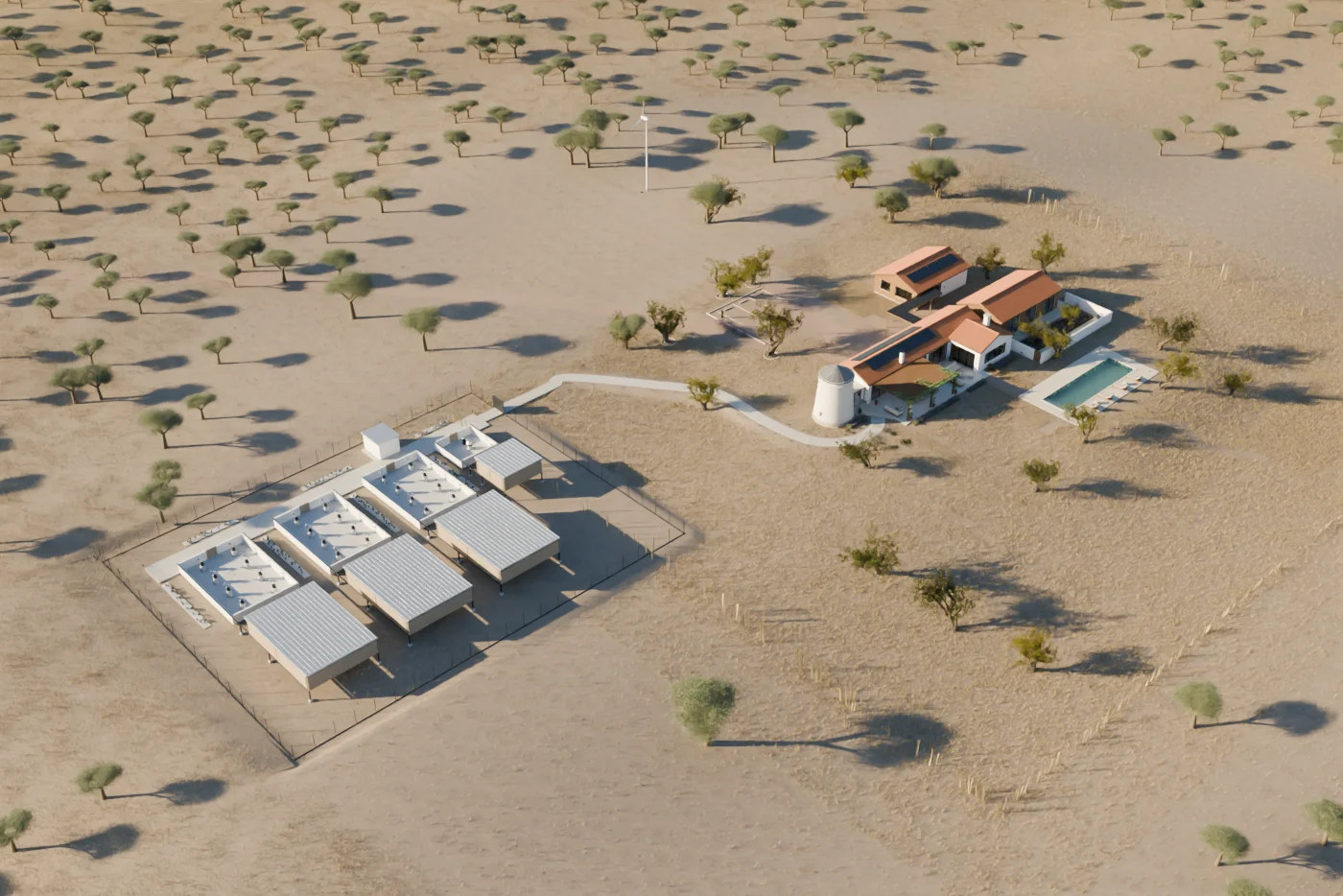 An aerial view of the estate in our model, showing the windmill under a closed roof and the site chosen for the ground observatory.
