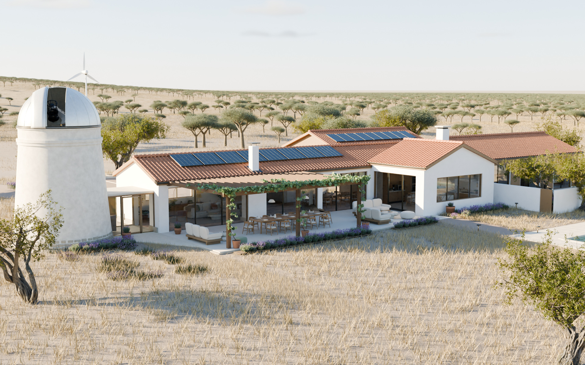 A render of the house, pergola and the old windmill carrying a white observatory dome in an olive grove.
