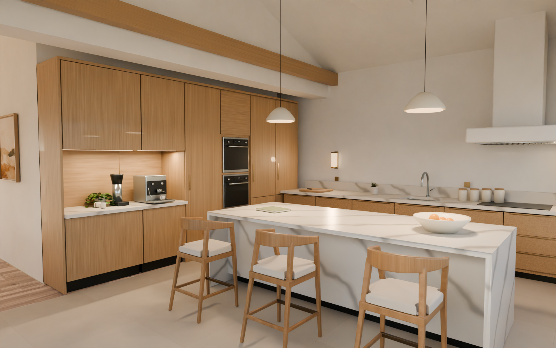 Our render of the kitchen, with oak cabinetry, a marble island and counter stools modelled one by one.