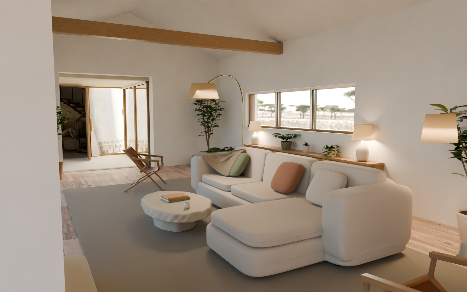Our render of the living room, with a linen sofa, a stone tea table, timber furniture and plants.