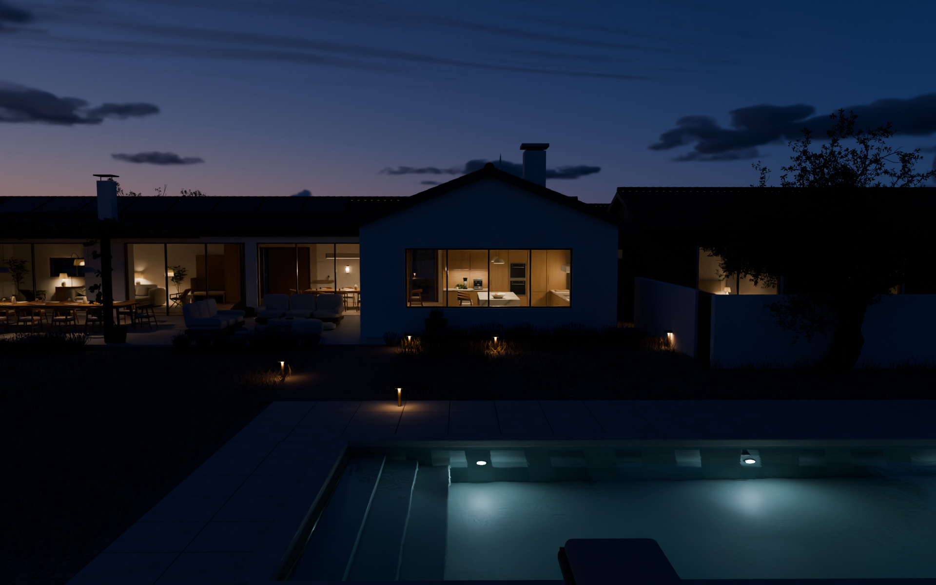Our evening render of the pool and house, with warm lighting outside and under the water.