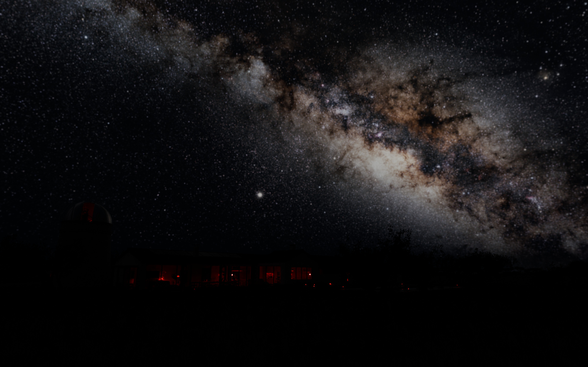 Our night render of the windmill and house beneath an illustrative Milky Way background.