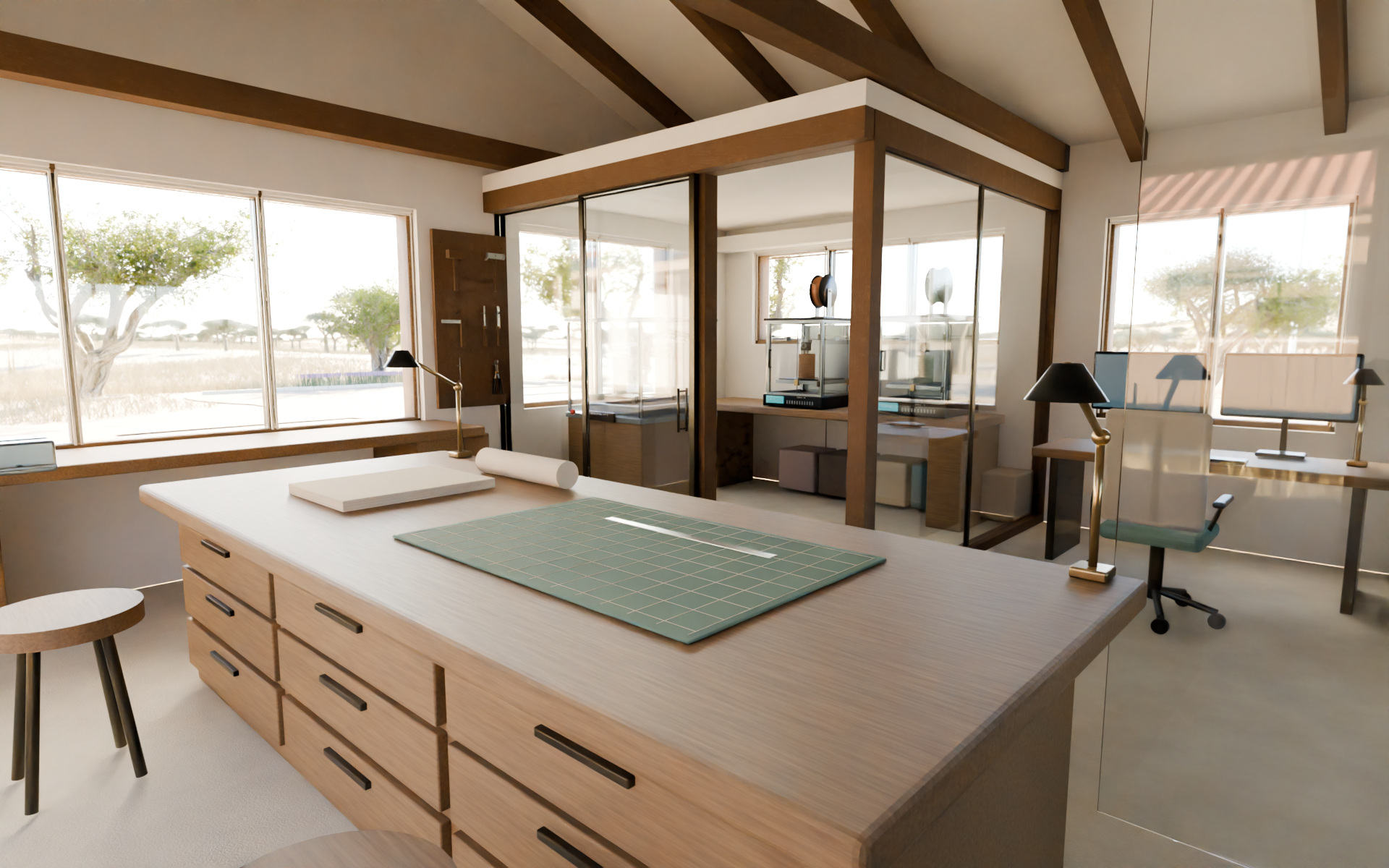 Our render of the making studio, with a work island, tools and a glazed equipment room.