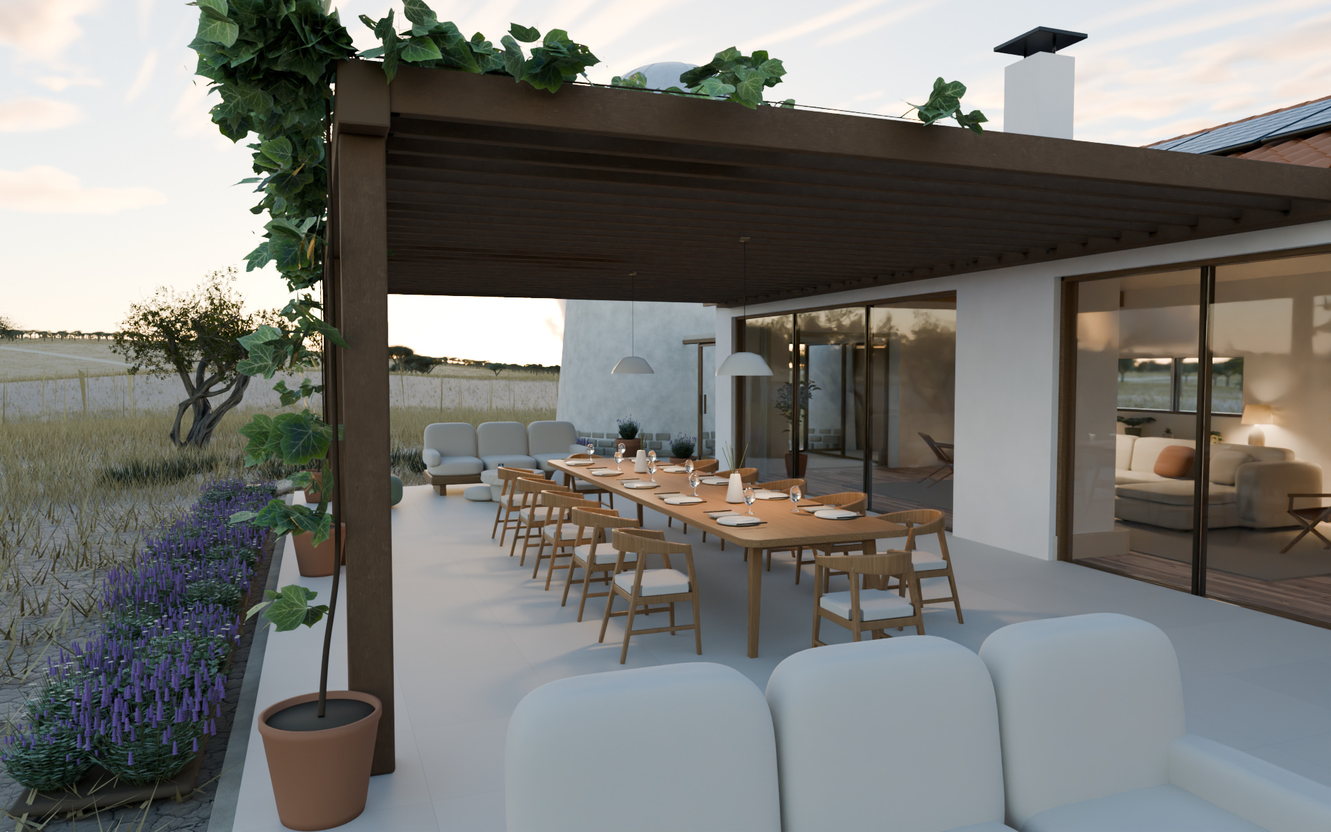 Our render of the pergola terrace, with dining furniture under a planted timber structure.
