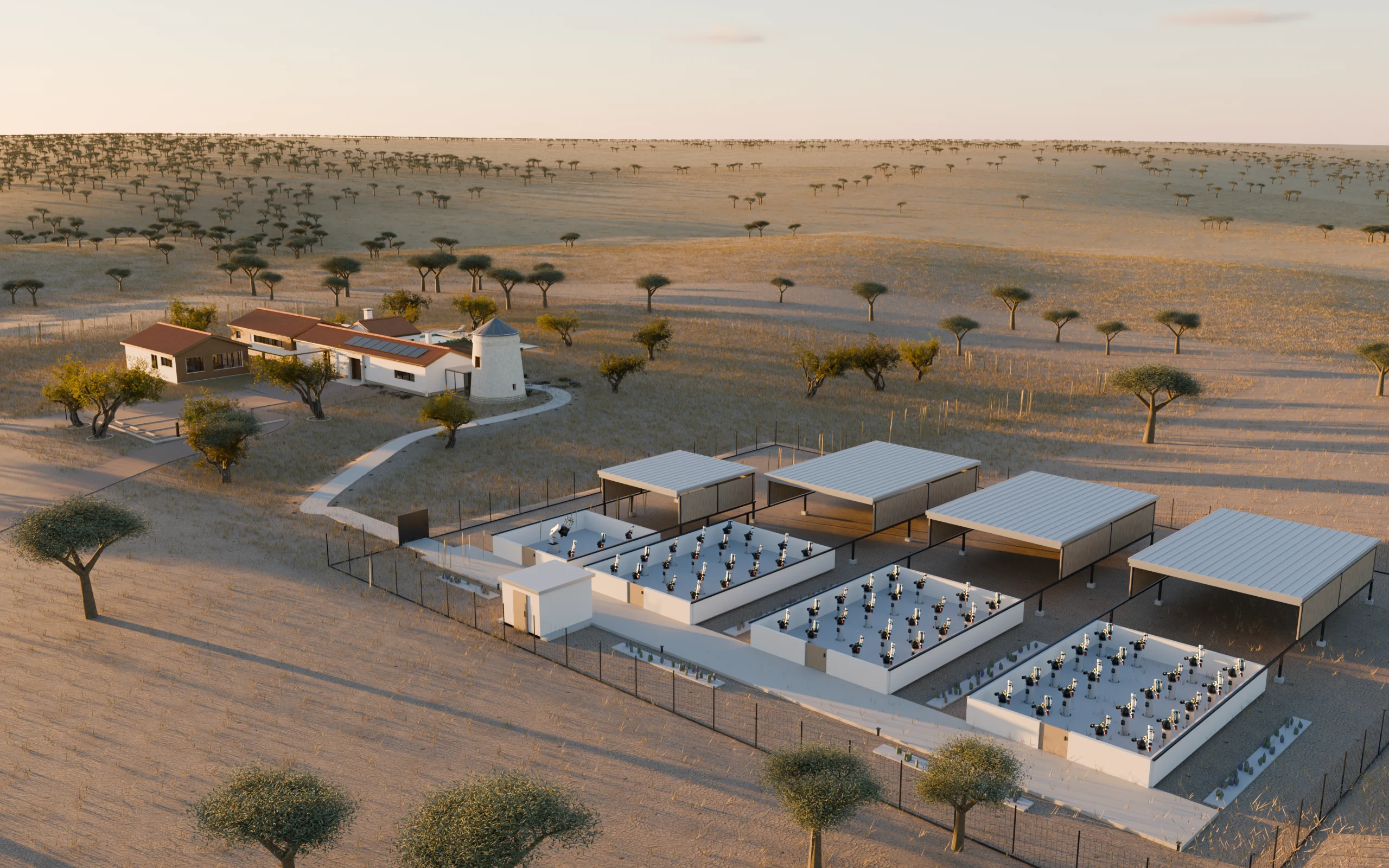 Our aerial render of the whole site, with the house and the windmill lounge on one side and the fenced observatory campus, its four observing rooms and its parked roofs on the other.