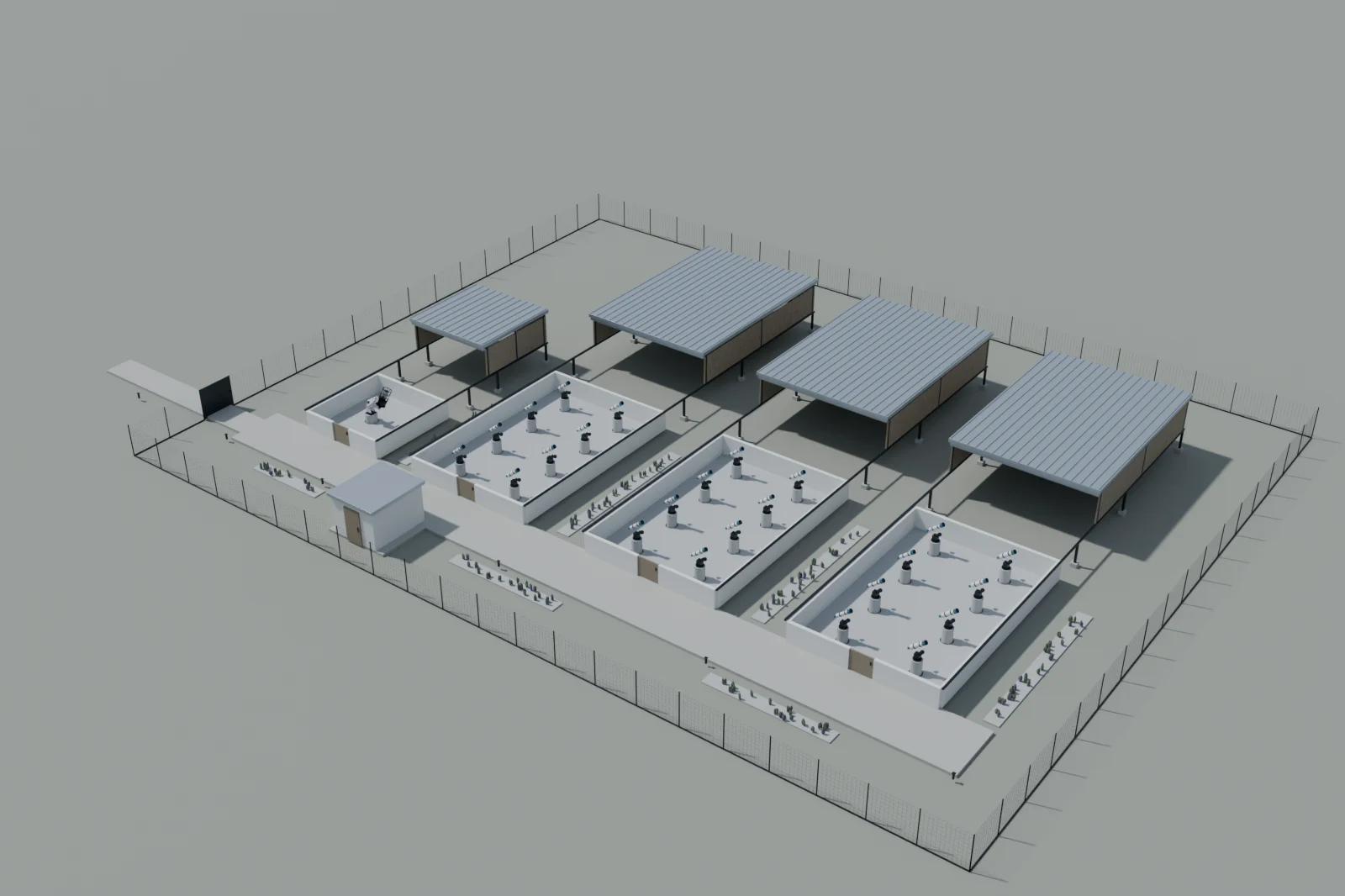 The observatory campus with every roof retracted, showing the four observing rooms, the instruments standing on their piers, the roofs parked clear of the bays and the service pod inside the perimeter fence.