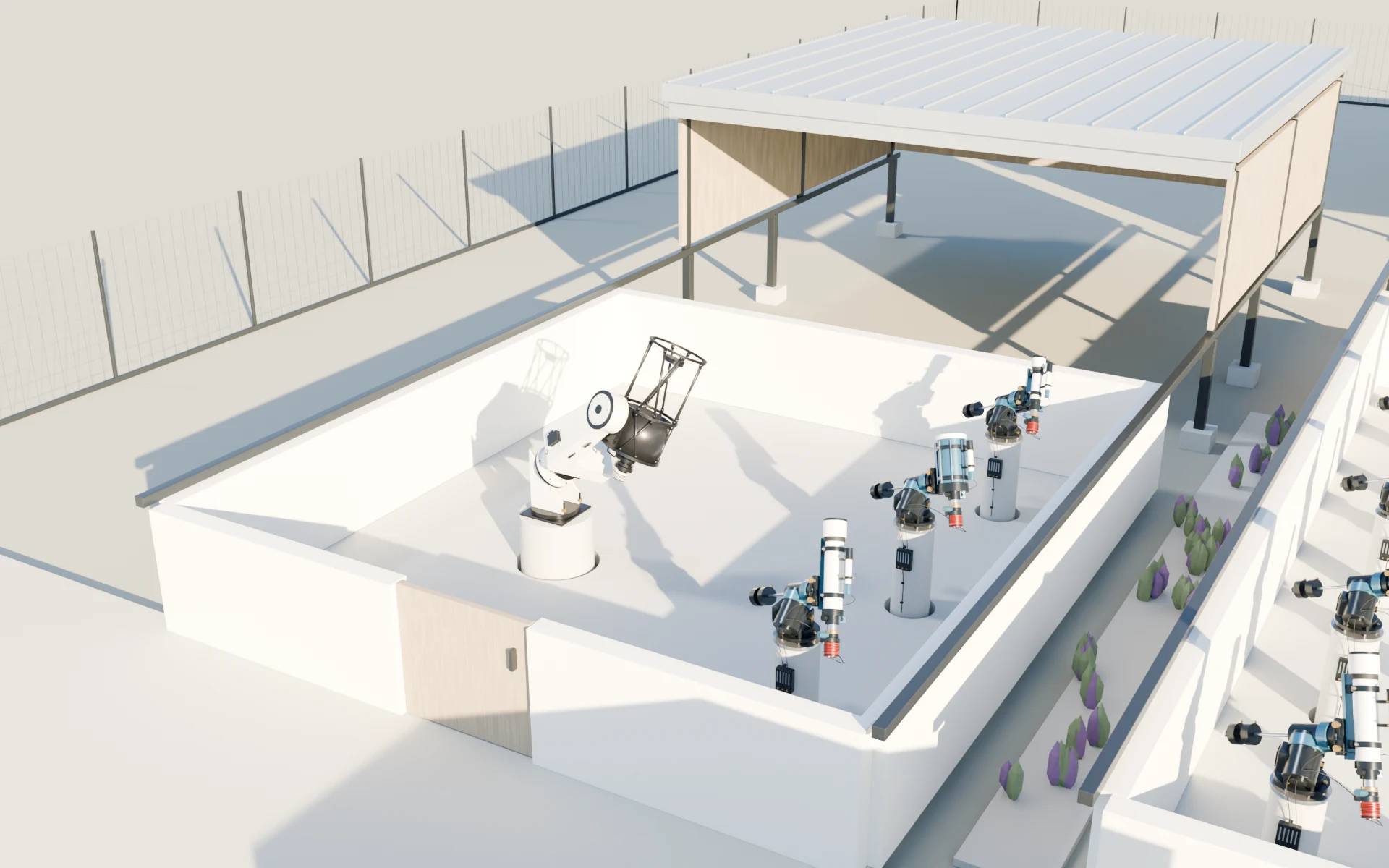 The enlarged PlaneWave room, with the CDK17 on its mount and wedge and three companion instruments on their own piers along the eastern side.