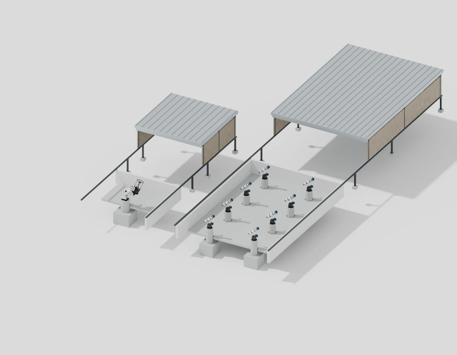 The ground-level room for the main telescope beside one shared bay, with near wall panels and the front of the floor slabs removed to show the short telescope supports and their separate footings.