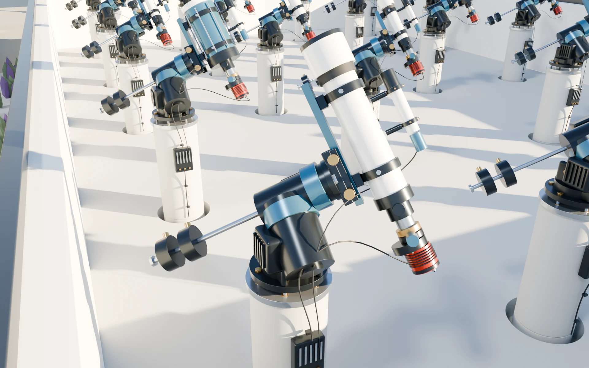 A close view of the compact equipment on its piers, showing the tube rings, counterweight, guide telescope, camera and cabling.