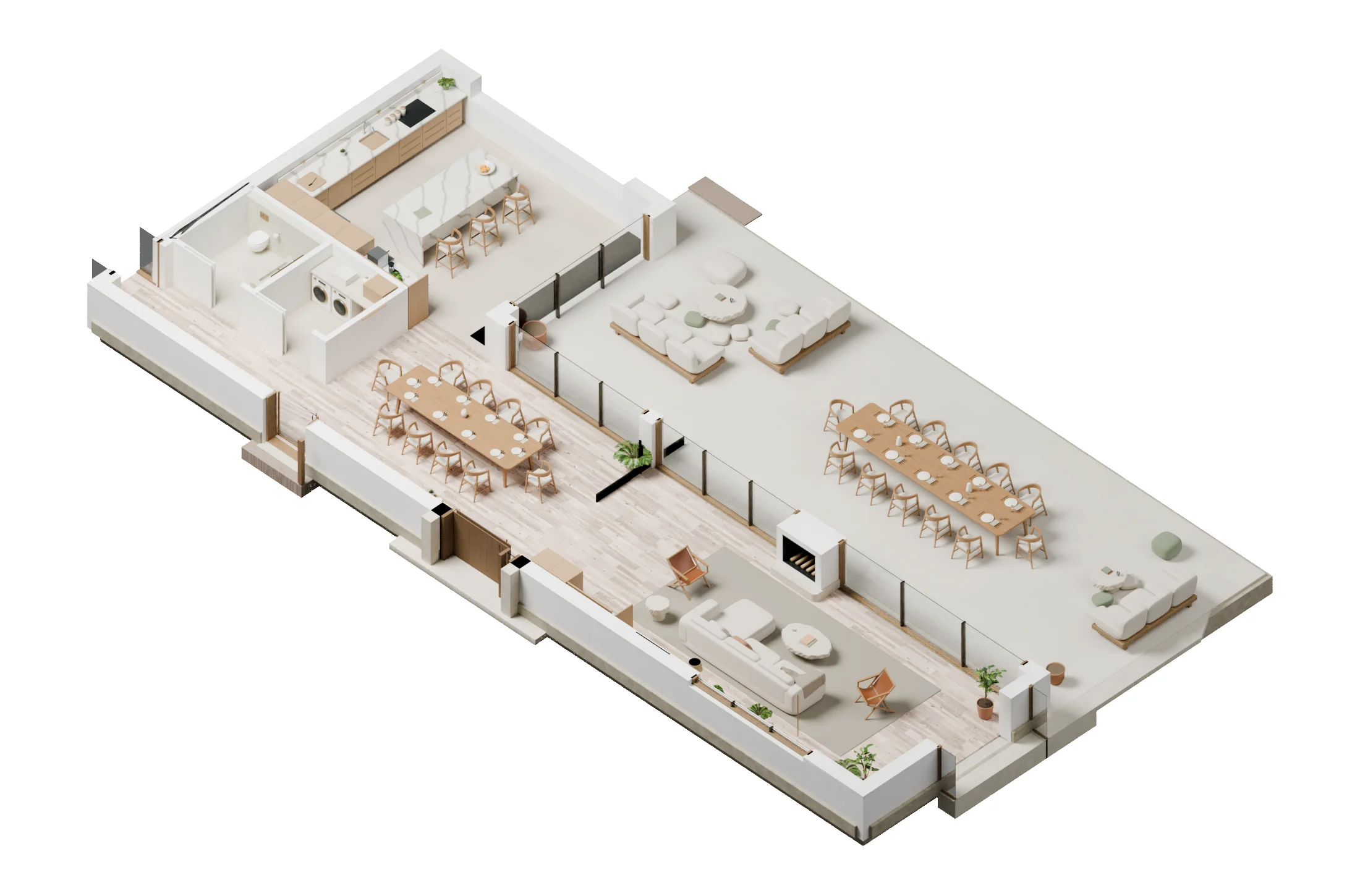 A cutaway view of the main house showing the kitchen, dining and living spaces and the routes between them.