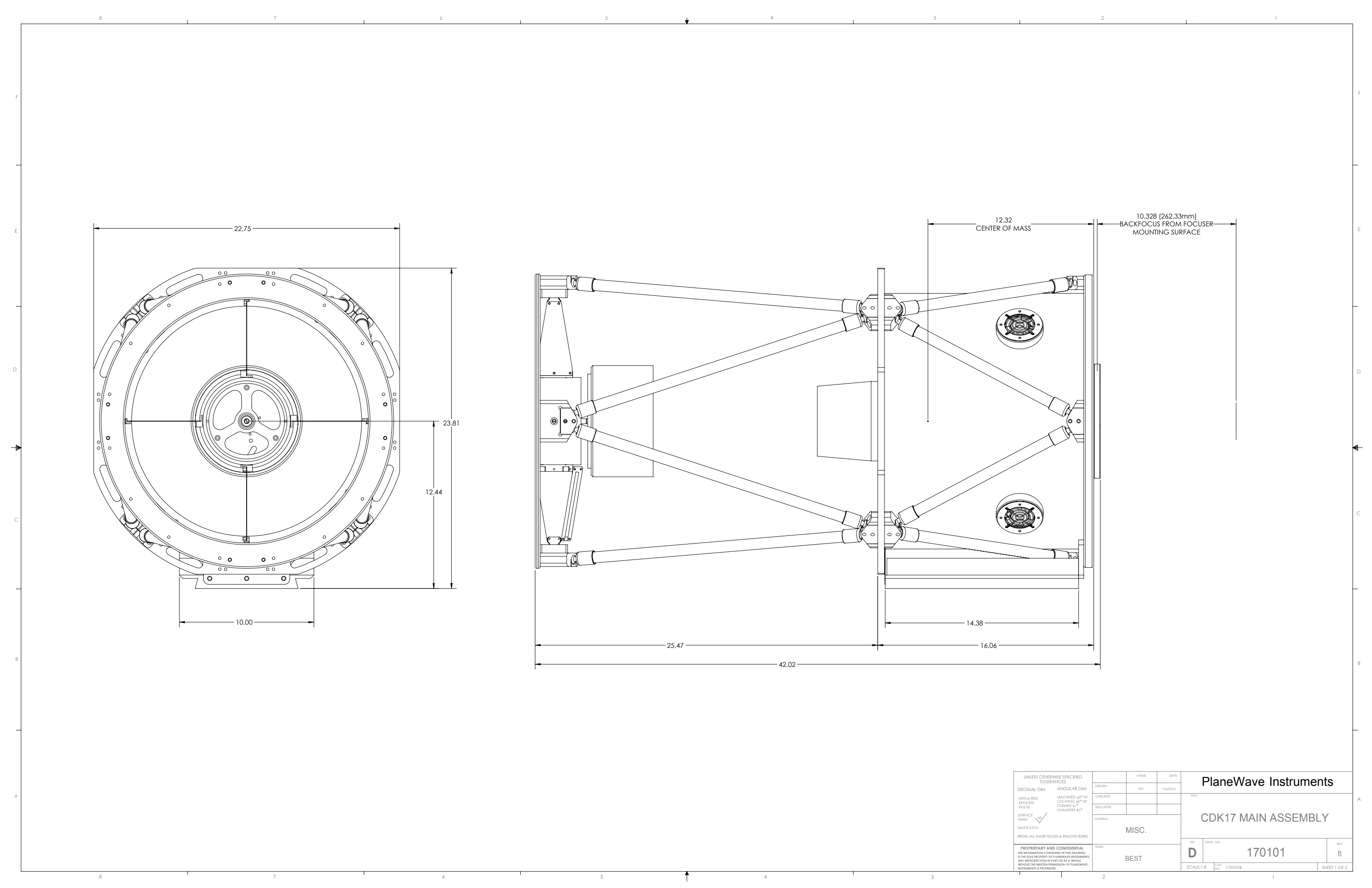 The manufacturer's drawing of the CDK17 optical tube, with front and side dimensions.