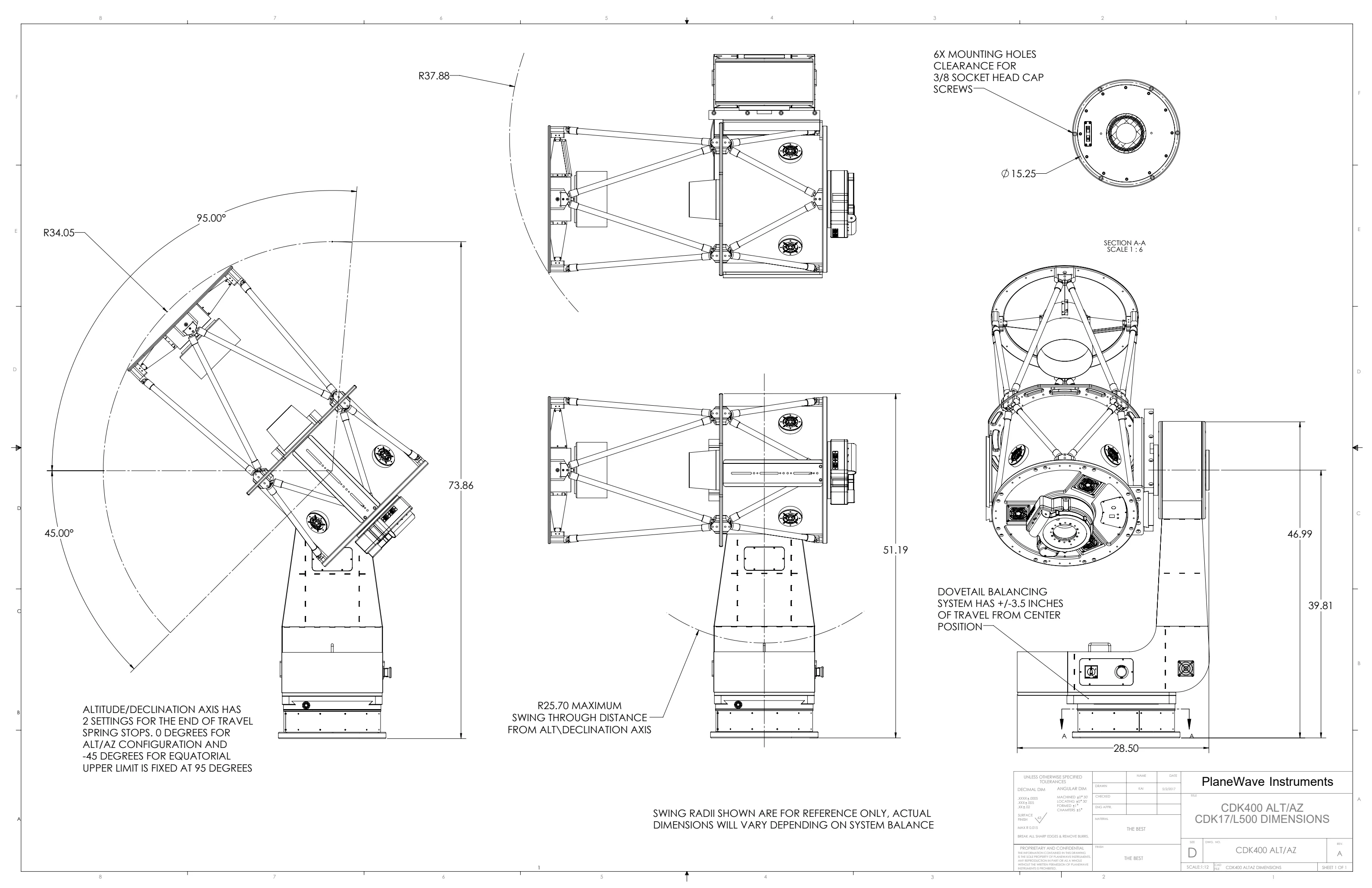 The manufacturer's CDK400 drawing, showing the assembled CDK17 telescope and L-500 mount in several orientations.