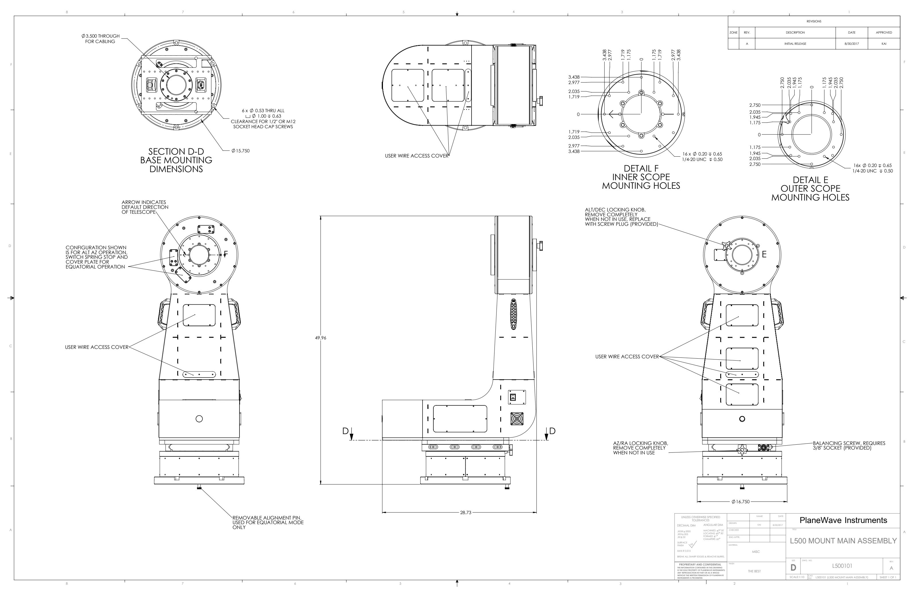 The manufacturer's assembly drawing of the L-500 mount, with several views and the dimensions where parts meet.
