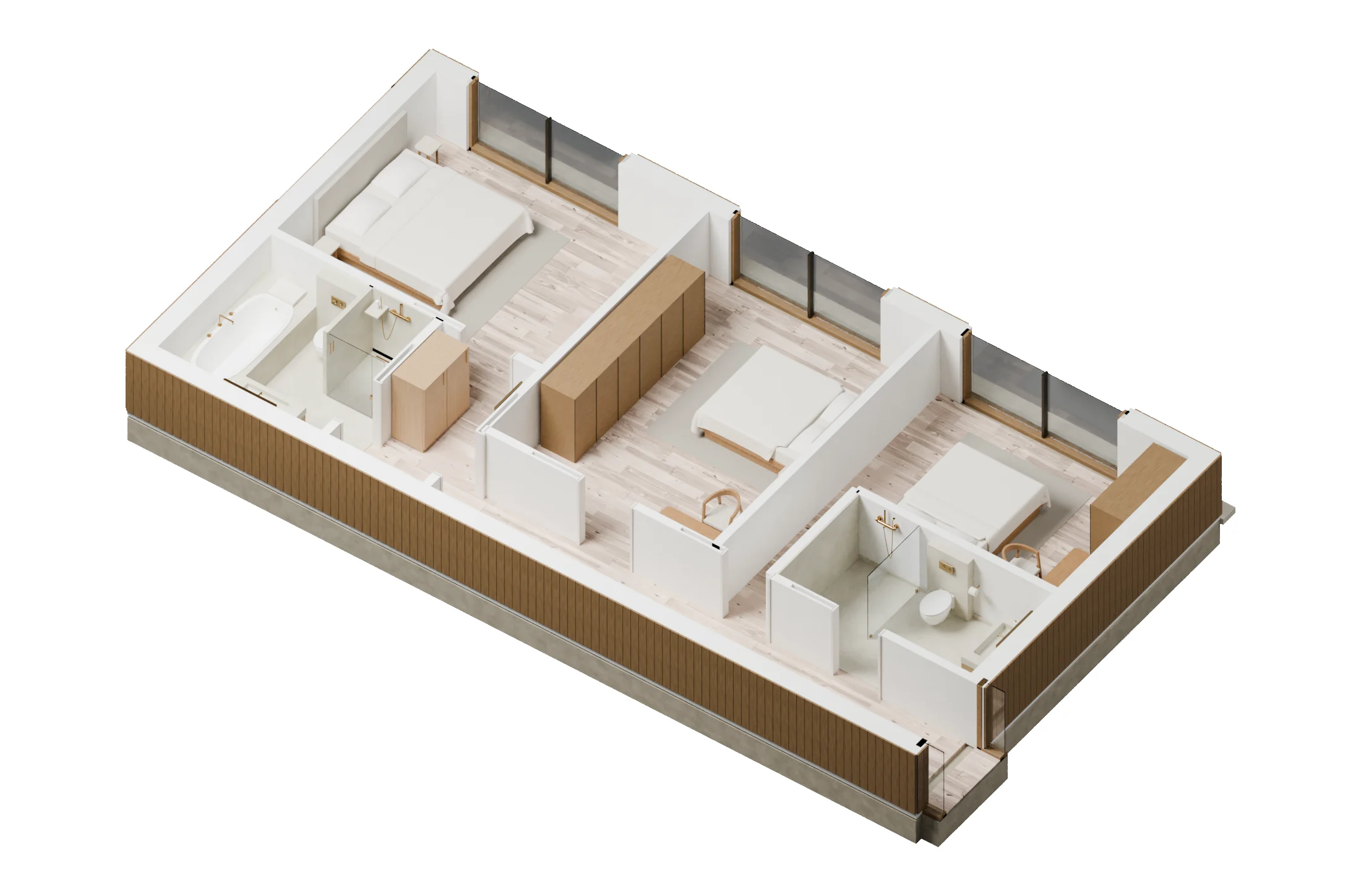 A cutaway view of the private wing showing the bedrooms, the suite bathroom and the corridor.