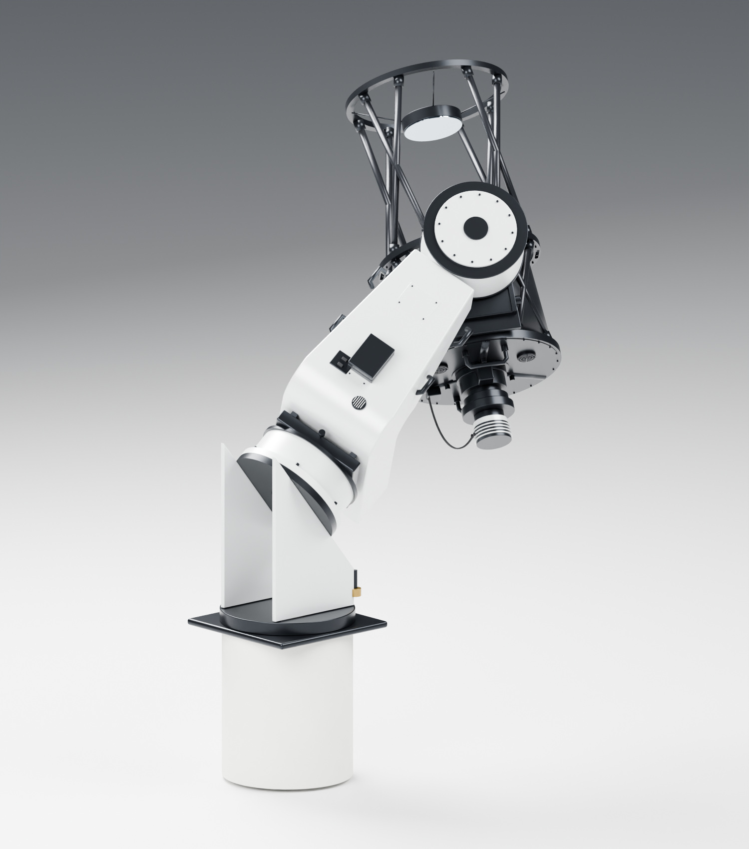 The rear of the tube, with the focuser, the camera plate and the mount arm · rear view.