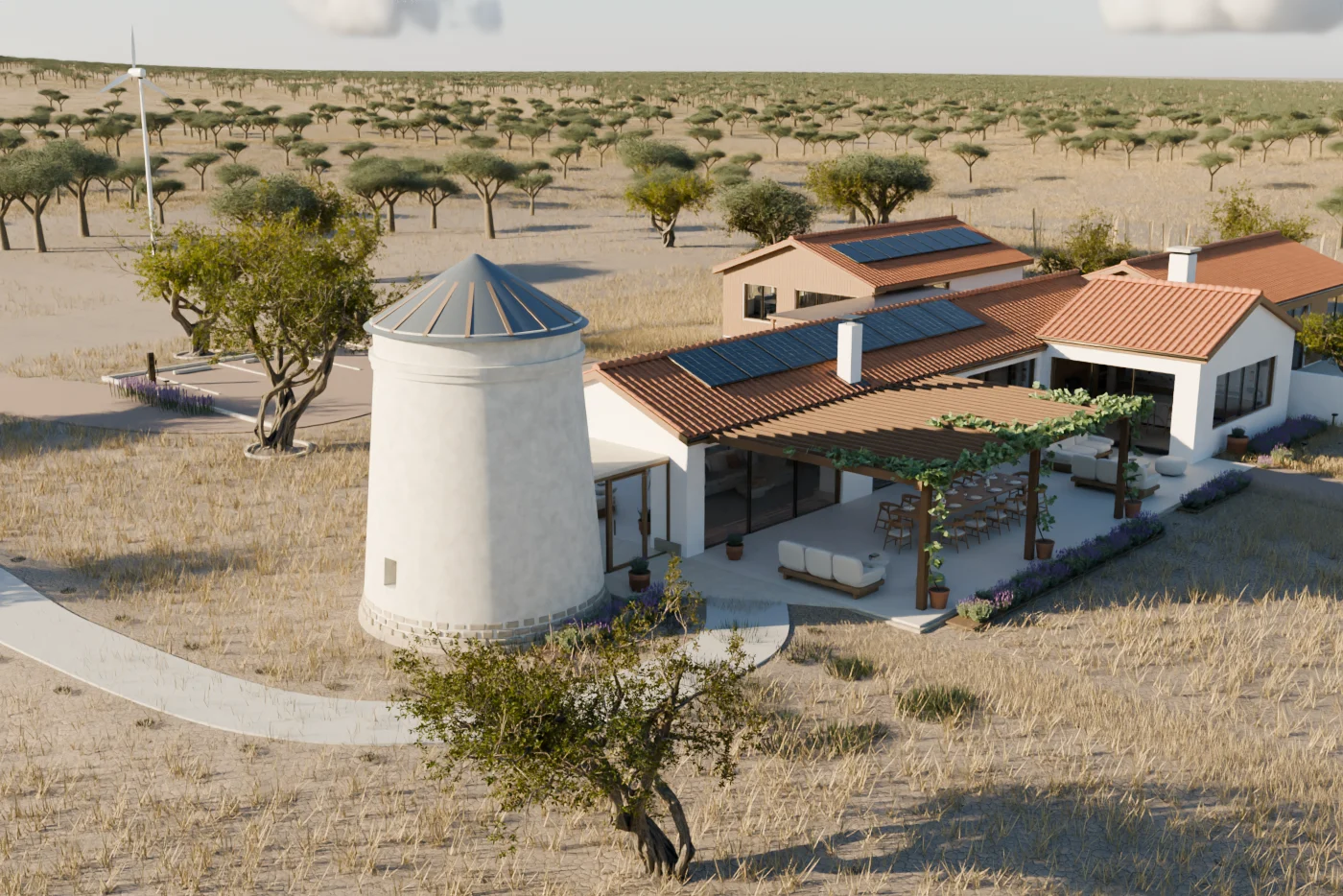 The former windmill under an ordinary closed roof, kept as a lounge and a place to explain the work.
