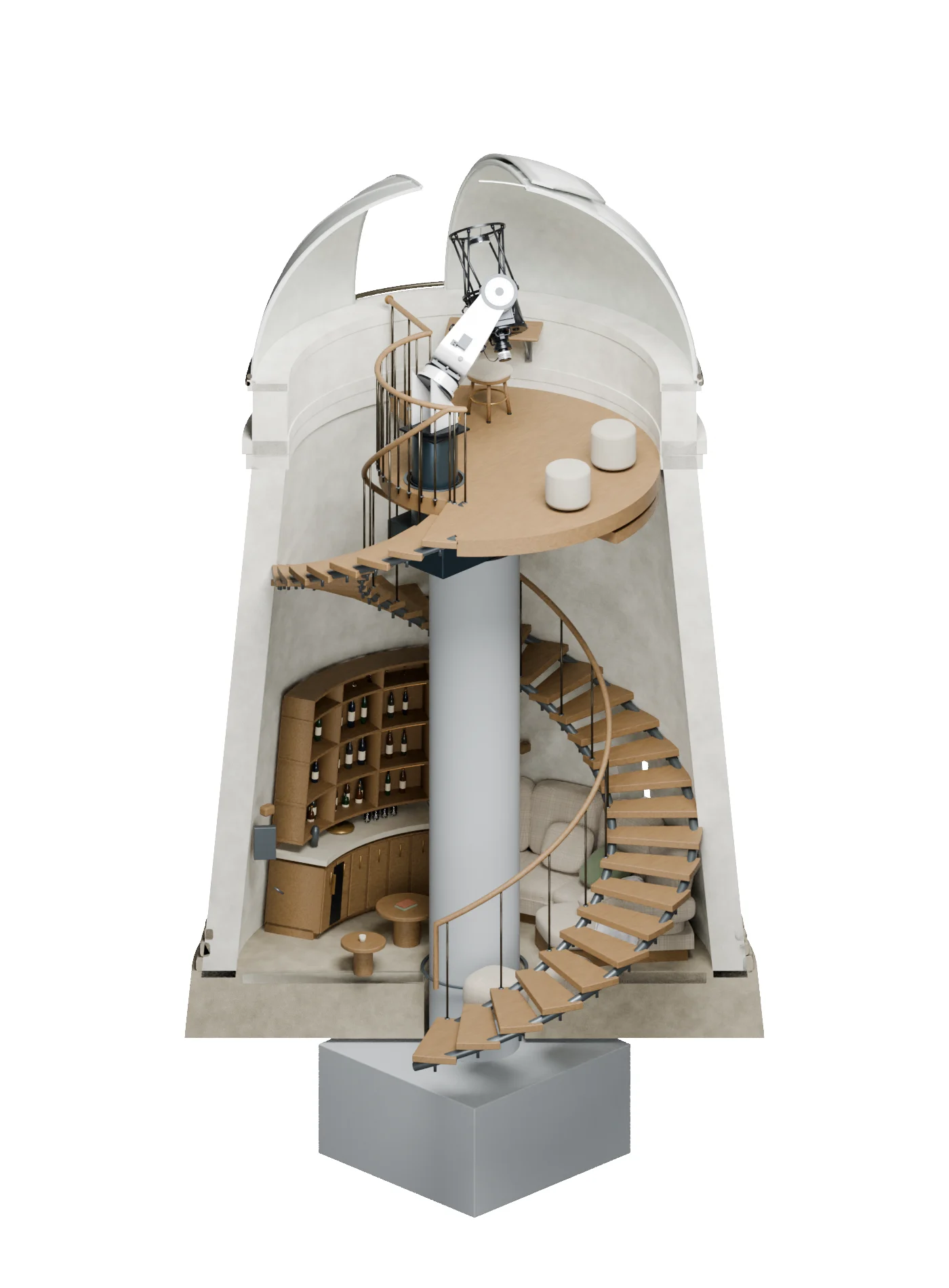 The rejected windmill design, cut open from the entrance side to show the separate central shaft passing through the lounge.