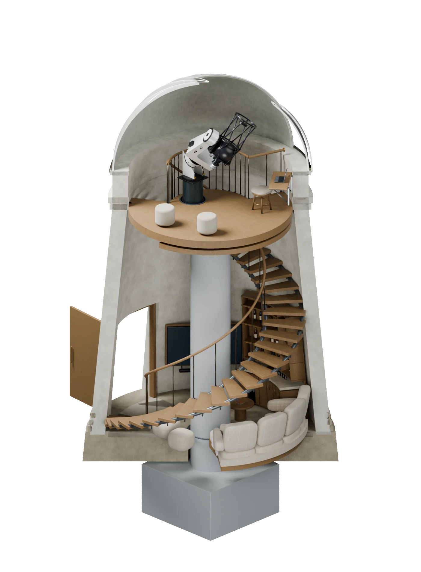 The rejected windmill support seen from the other side, showing the stair, observing floor and foundation space.