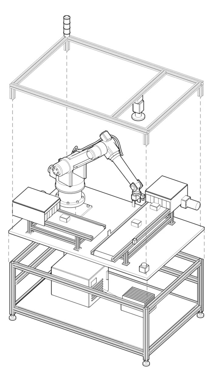 A robot work cell drawn as an exploded line drawing: a frame with the controller and an edge computer, a deck with two conveyor belts, a six-axis robot arm, and a roof with a vision camera and a stack light.